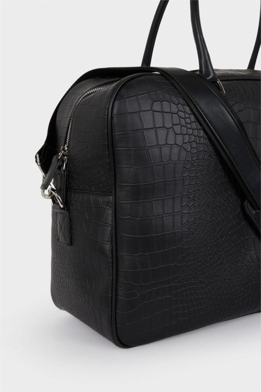 Erkek Siyah AtolyeWolf x DeFacto Erkek Kroko Desenli Suni Deri Bavul