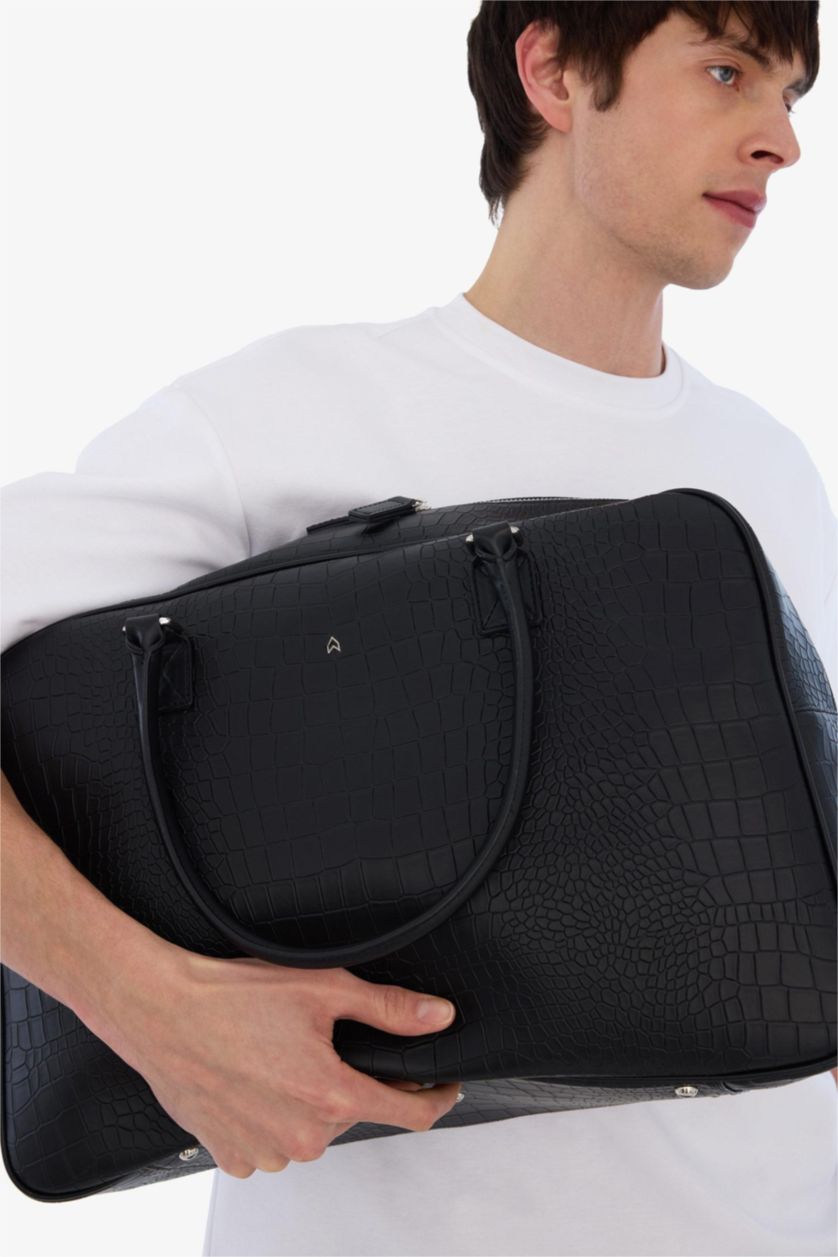 Erkek Siyah AtolyeWolf x DeFacto Erkek Kroko Desenli Suni Deri Bavul