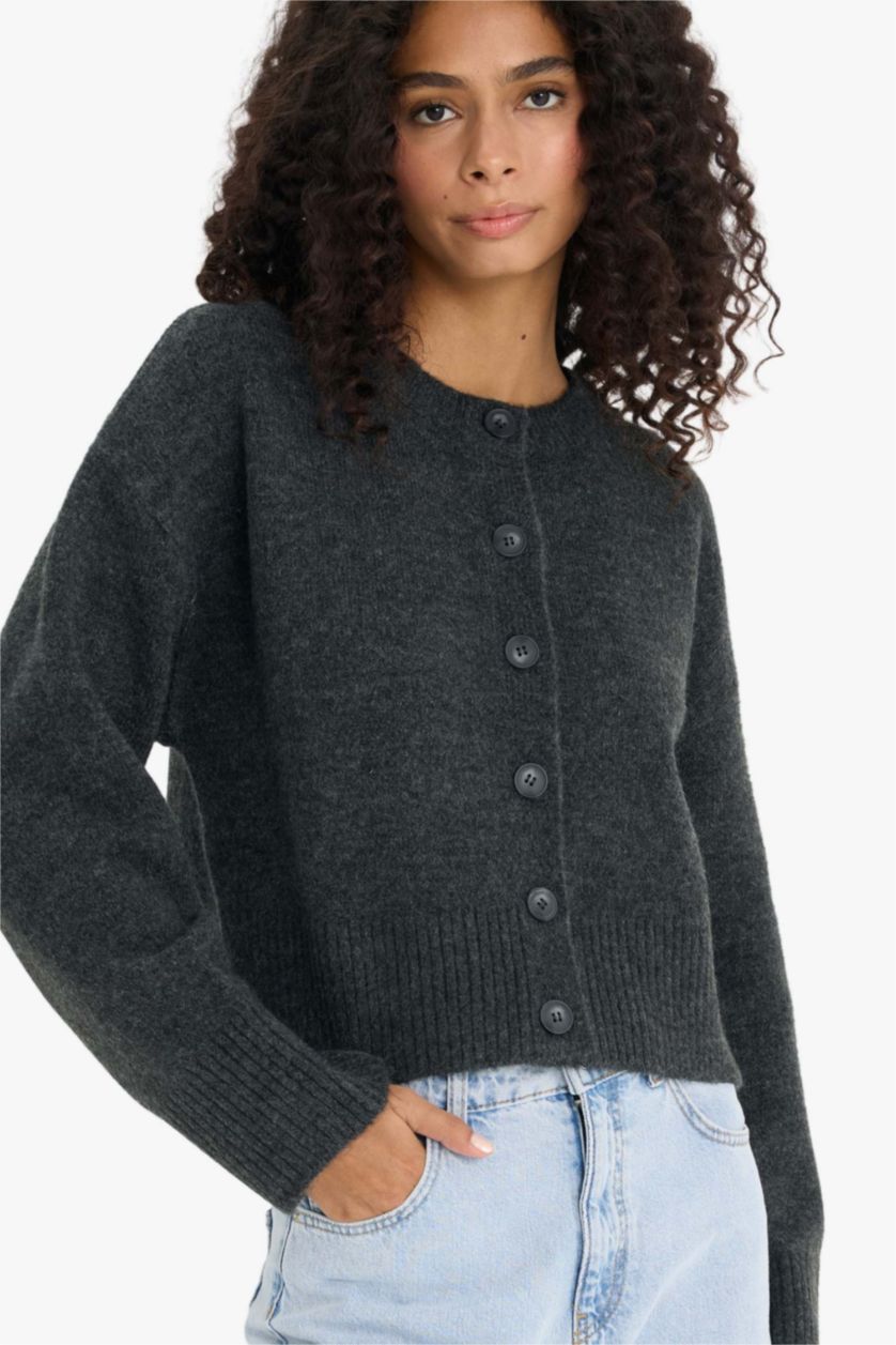 Woman Anthracite Regular Fit Crew Neck Knitwear Cardigan