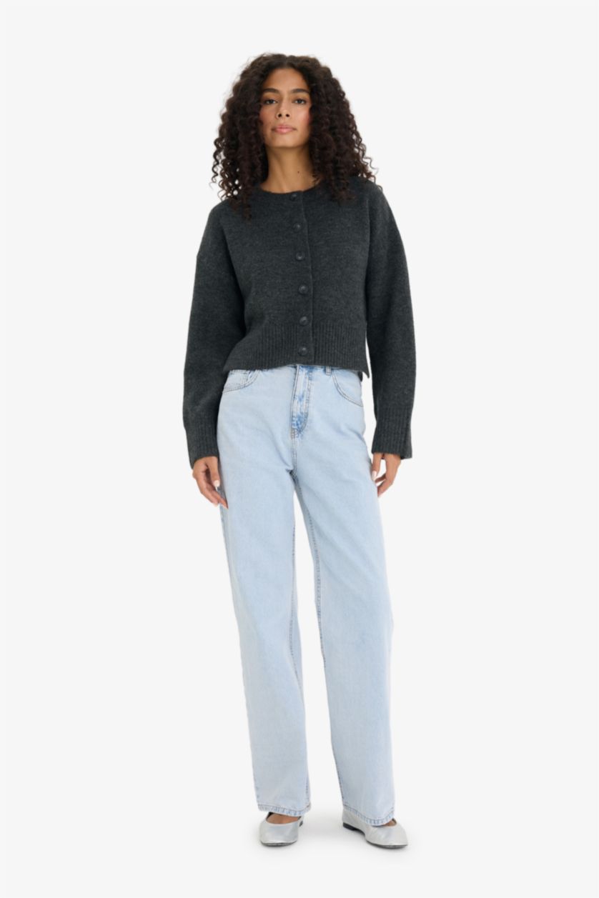 Woman Anthracite Regular Fit Crew Neck Knitwear Cardigan