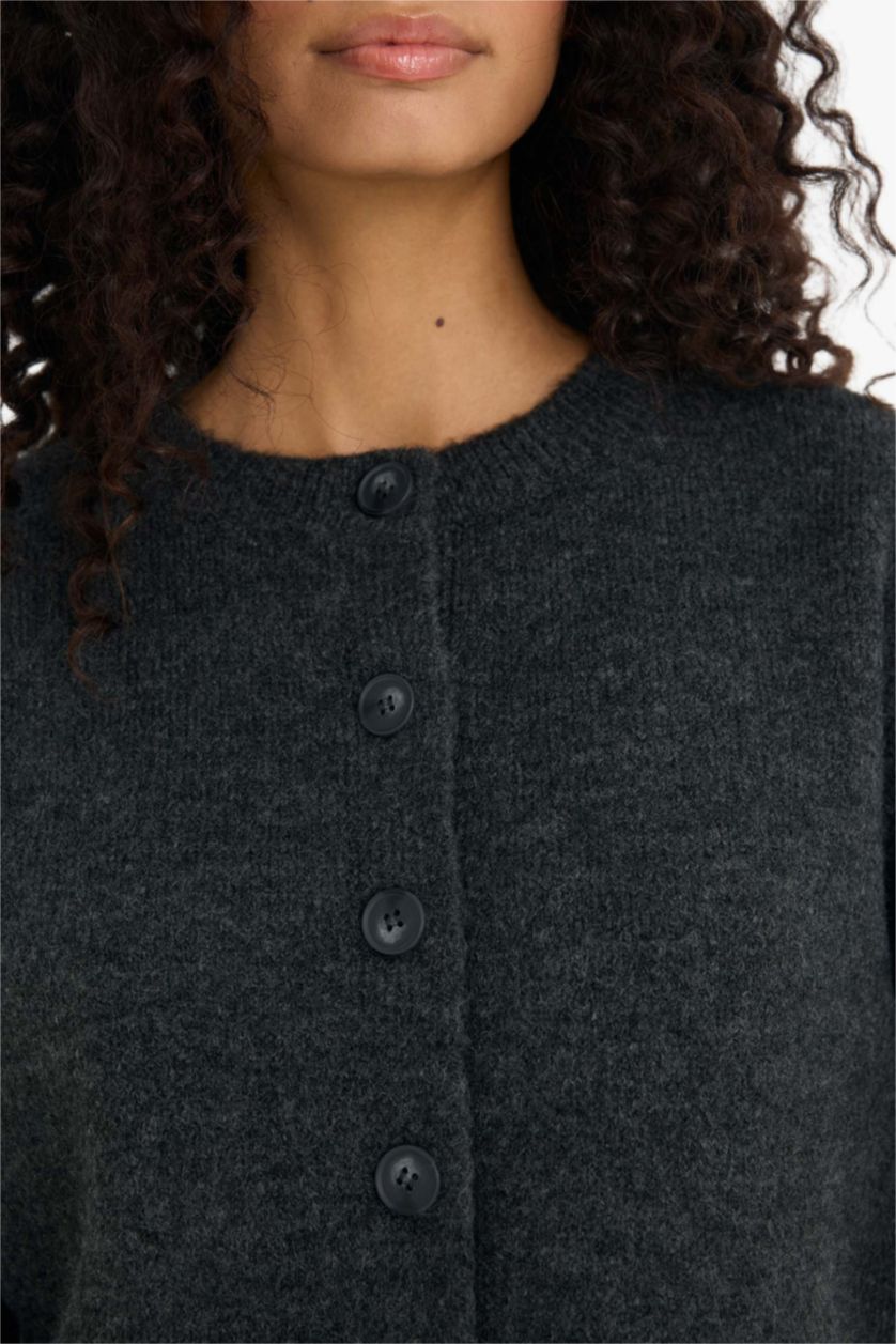 Woman Anthracite Regular Fit Crew Neck Knitwear Cardigan