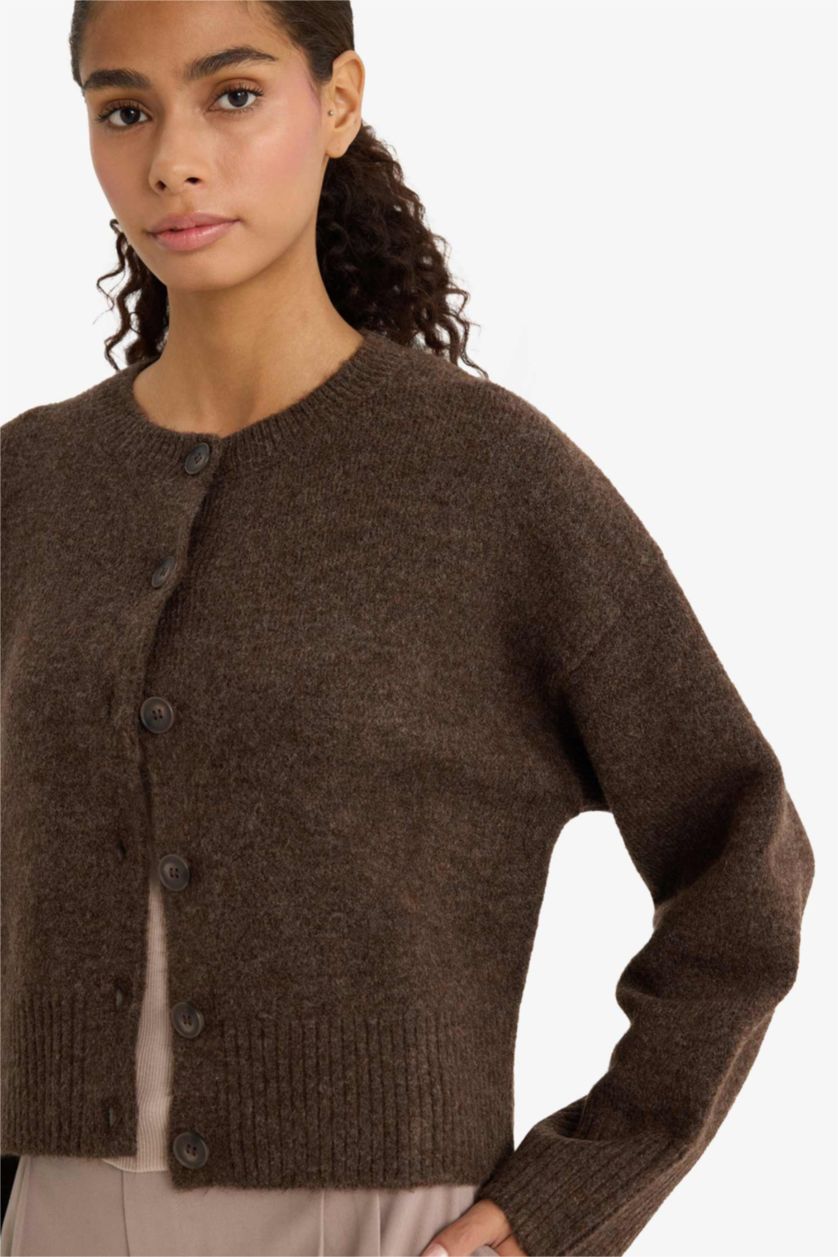 Әйелдерге Қоңыр қалыпты пішім дөңгелек жаға трикотаж Кардиган