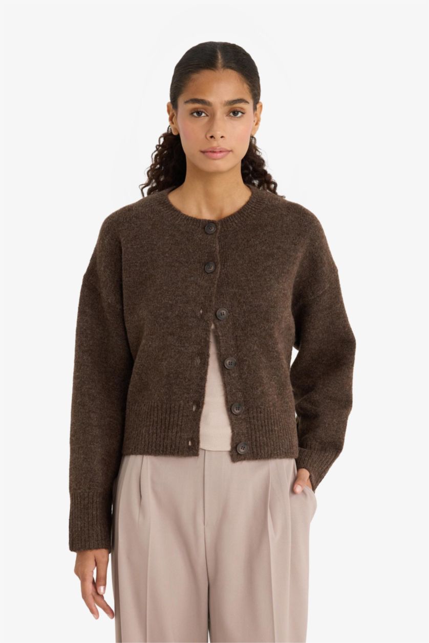 Әйелдерге Қоңыр қалыпты пішім дөңгелек жаға трикотаж Кардиган