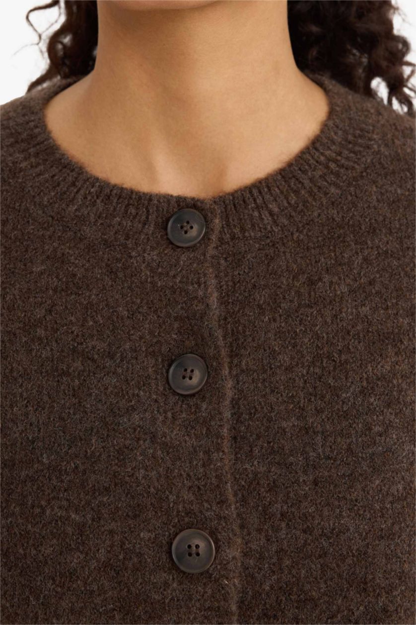 Әйелдерге Қоңыр қалыпты пішім дөңгелек жаға трикотаж Кардиган