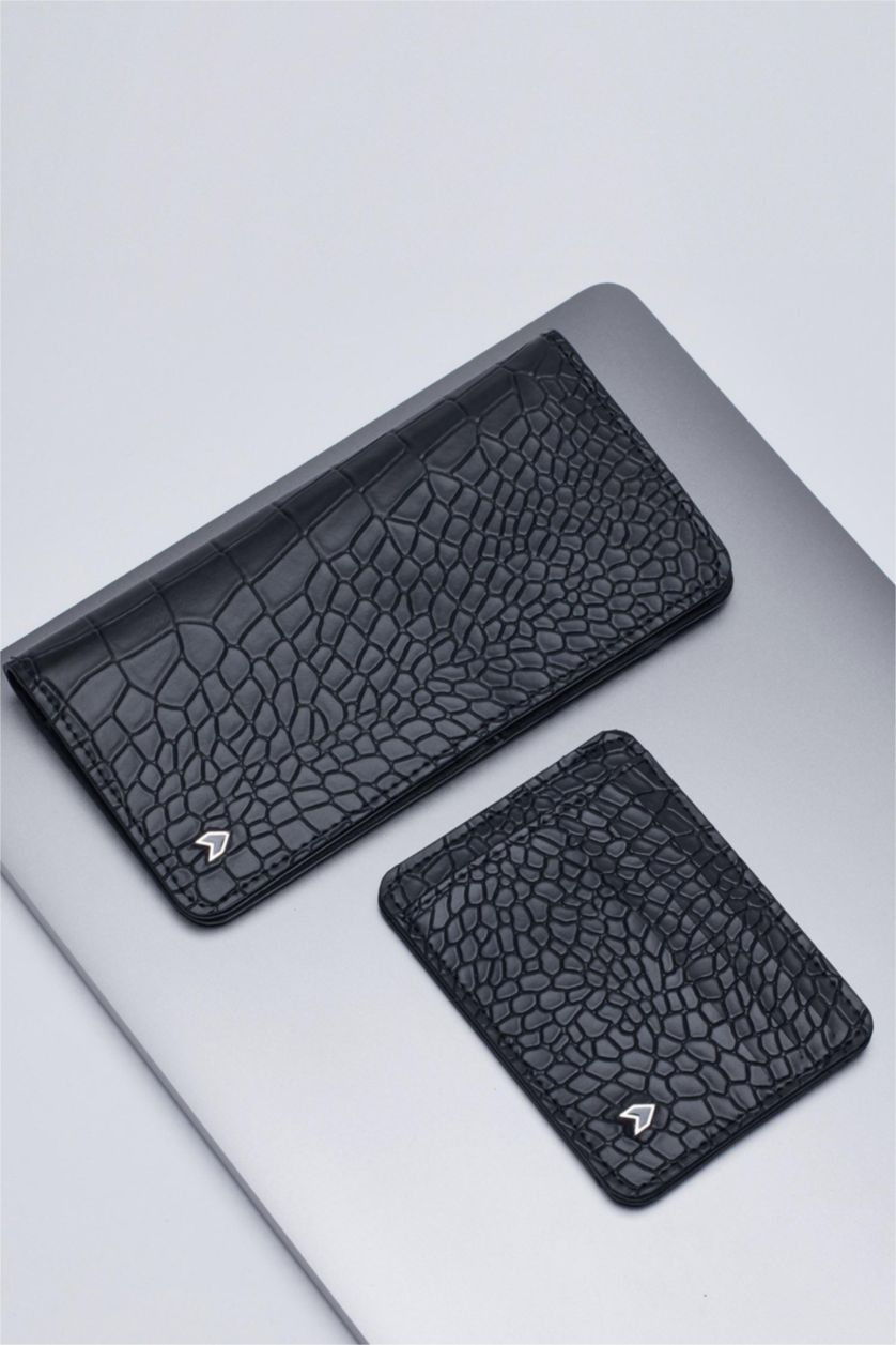 Erkek Siyah AtolyeWolf x DeFacto Erkek Kroko Desenli Suni Deri Cüzdan