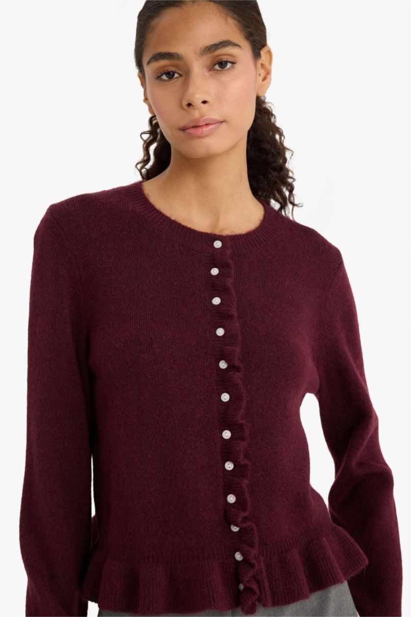 Женщины Бордовый Регулярный крой с круглым вырезом трикотажный кардиган