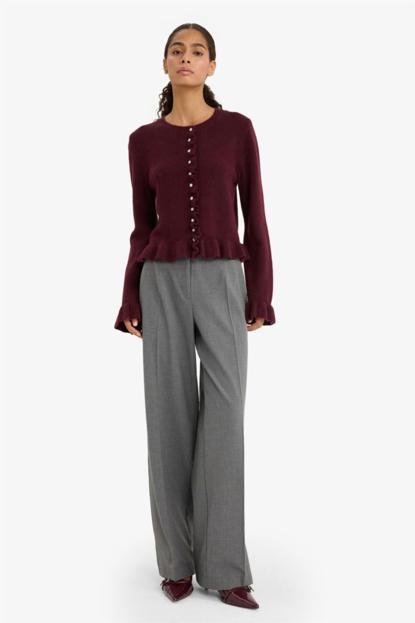 Женщины Бордовый Регулярный крой с круглым вырезом трикотажный кардиган