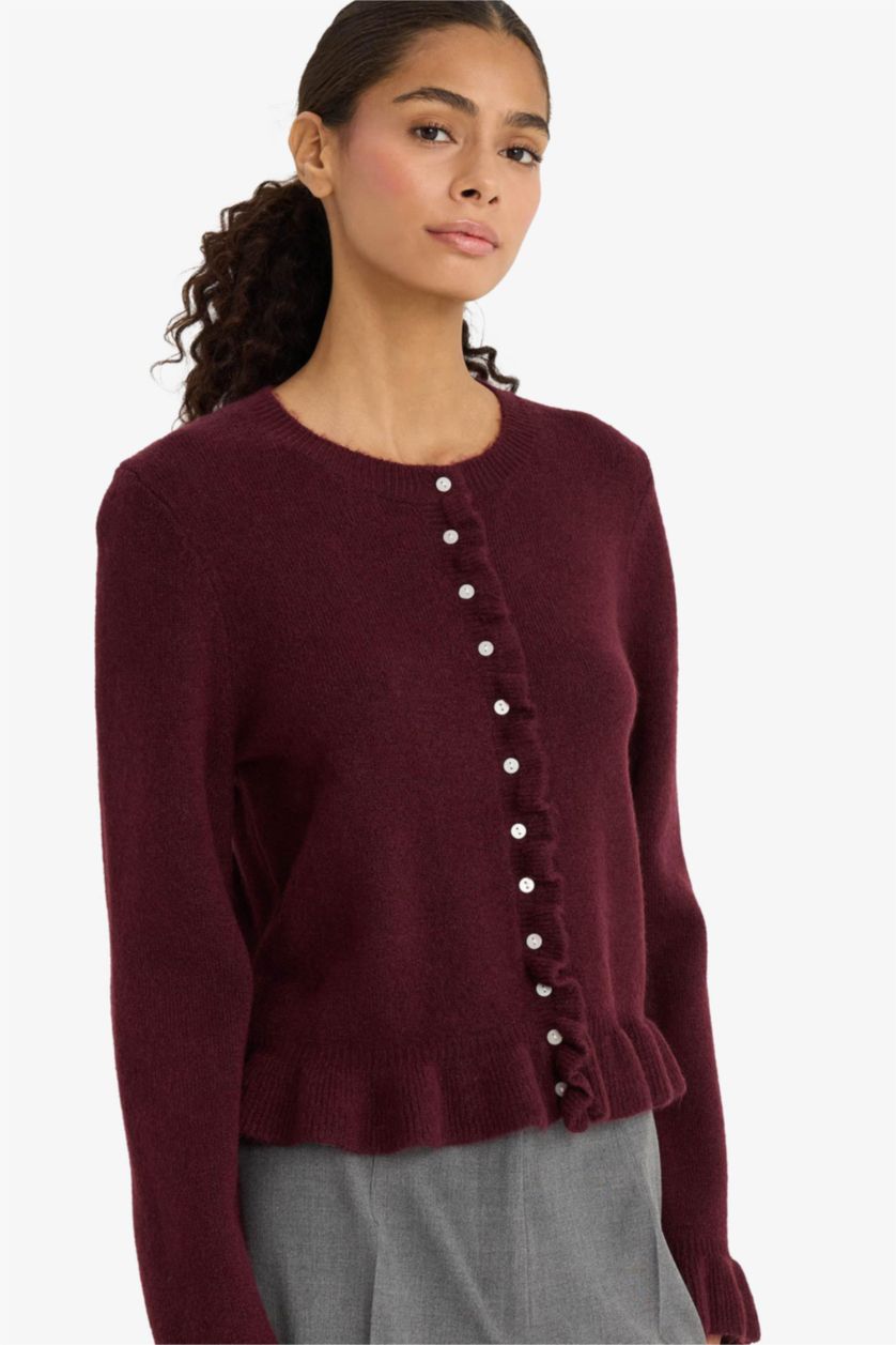 Женщины Бордовый Регулярный крой с круглым вырезом трикотажный кардиган