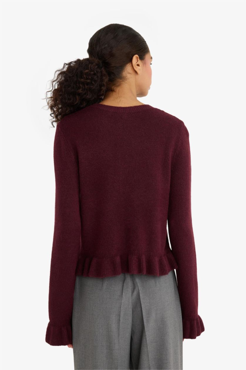 Женщины Бордовый Регулярный крой с круглым вырезом трикотажный кардиган