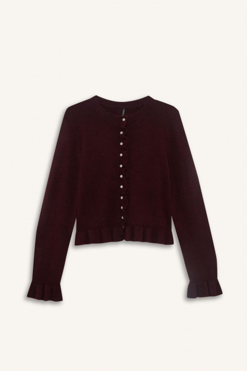 Женщины Бордовый Регулярный крой с круглым вырезом трикотажный кардиган