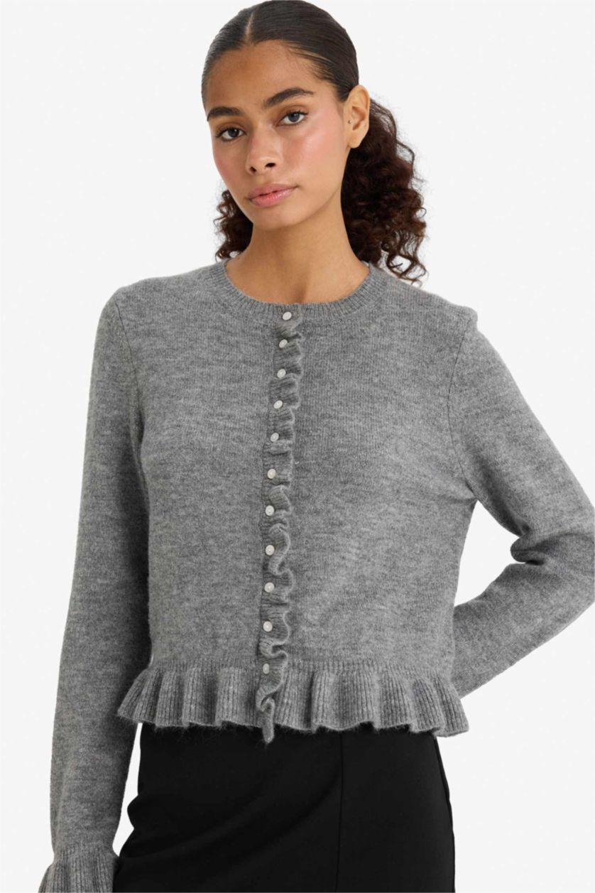 نساء رمادي جاكيت تريكو قصة عادية بياخة مستديرة