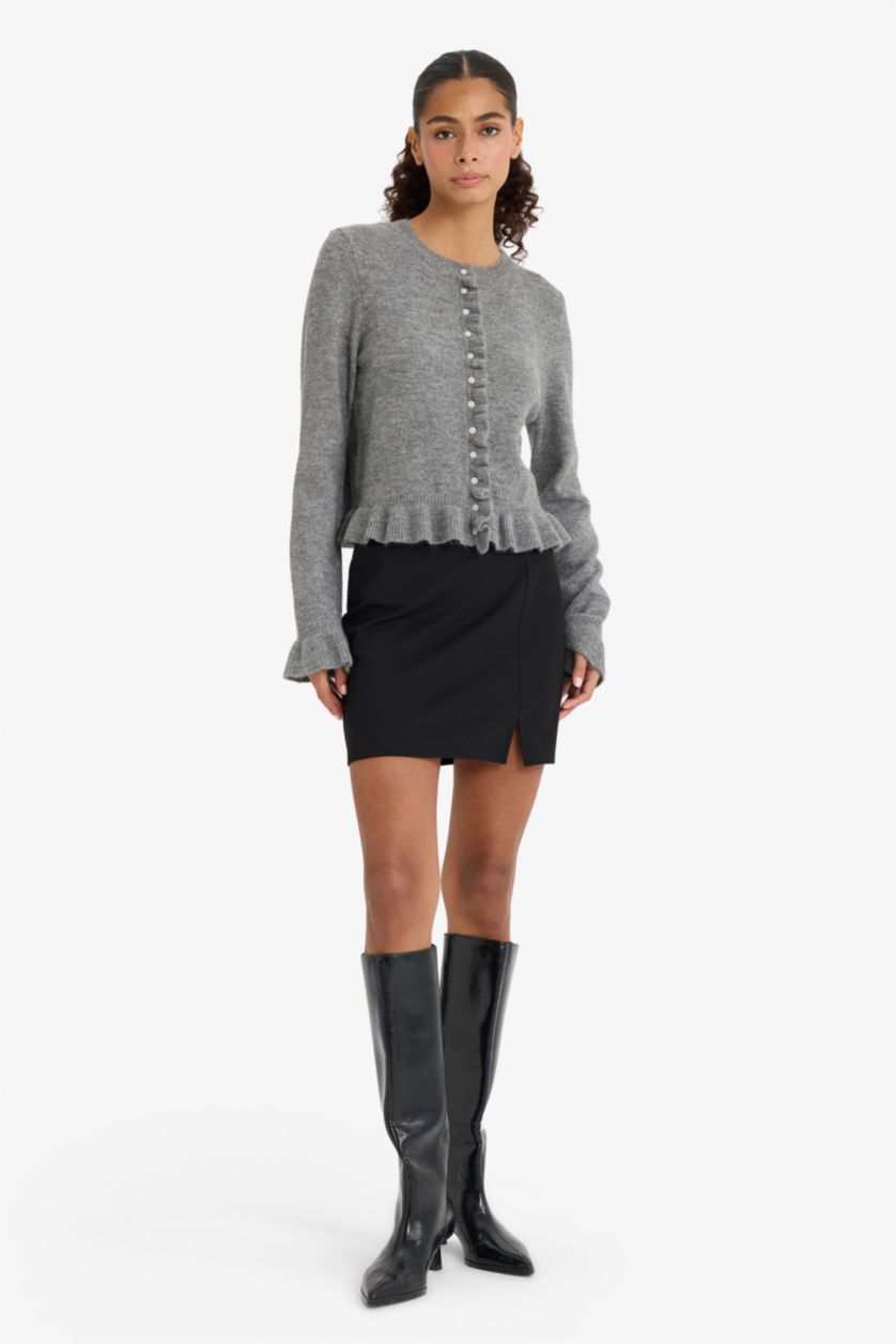 نساء رمادي جاكيت تريكو قصة عادية بياخة مستديرة