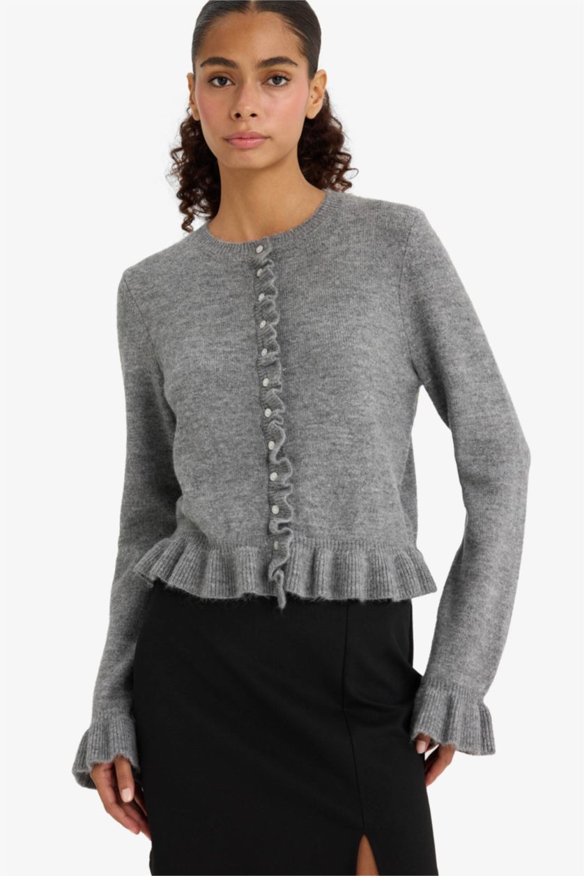 نساء رمادي جاكيت تريكو قصة عادية بياخة مستديرة