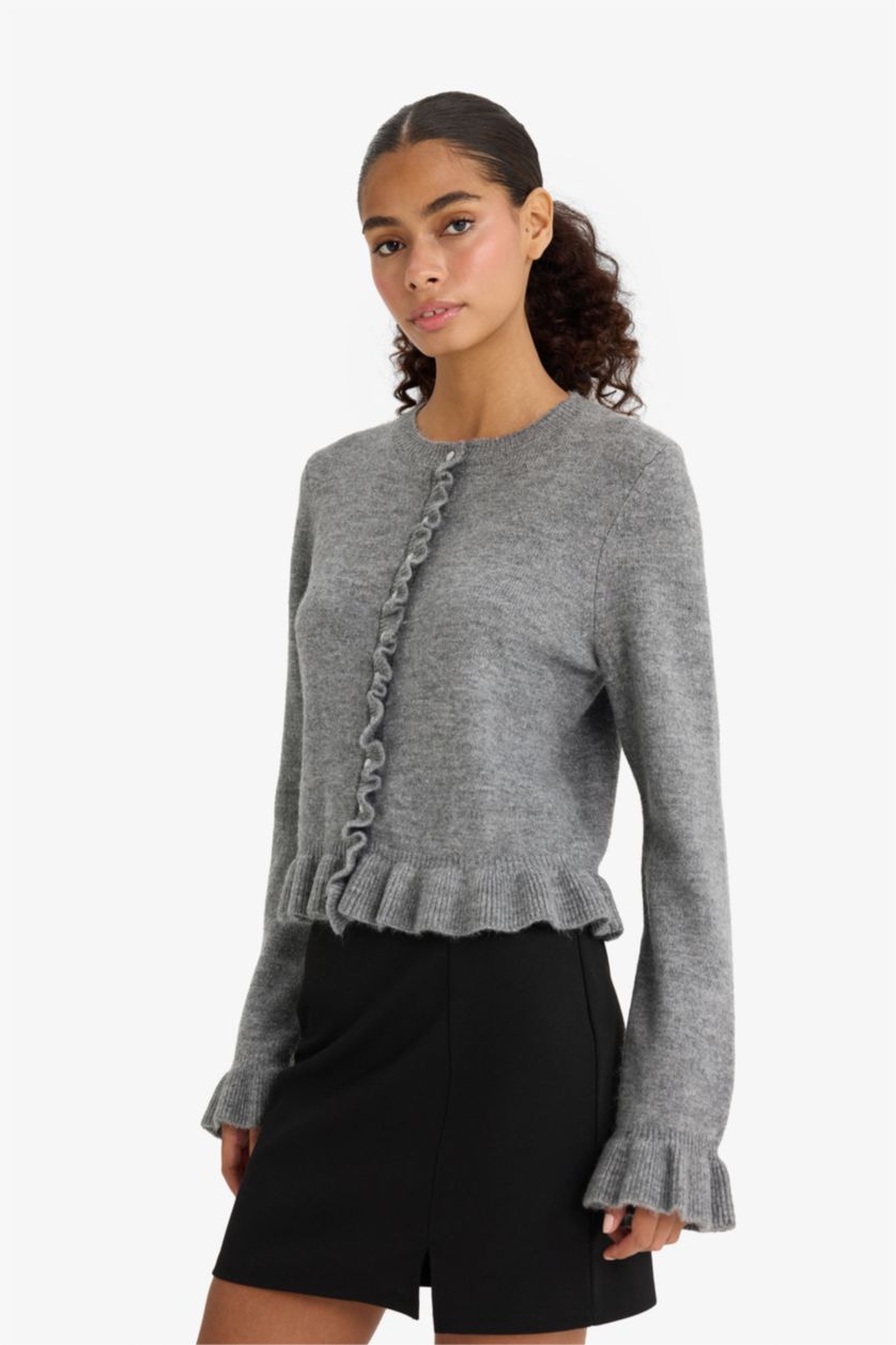 نساء رمادي جاكيت تريكو قصة عادية بياخة مستديرة