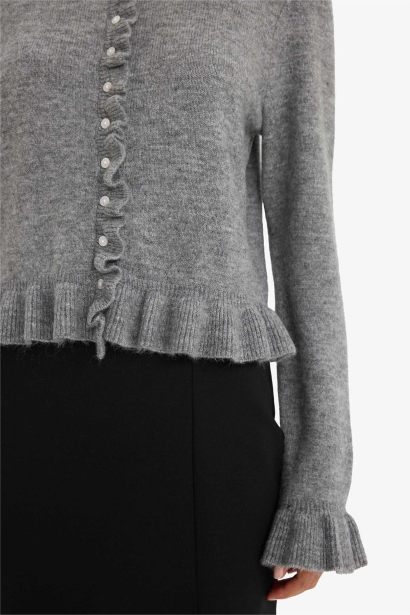 نساء رمادي جاكيت تريكو قصة عادية بياخة مستديرة