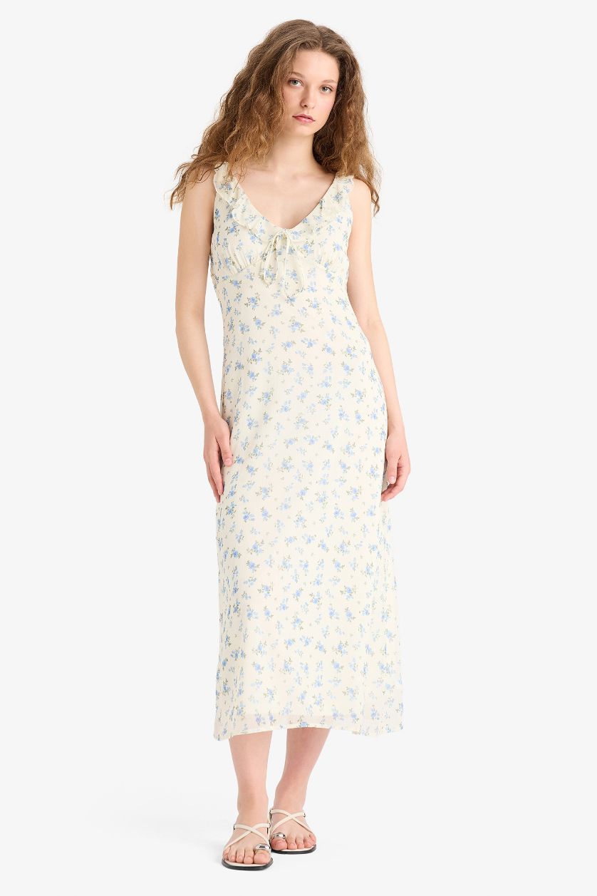 WOMAN Light Yellow V Neck Floral Chiffon Sleeveless Midi Dress