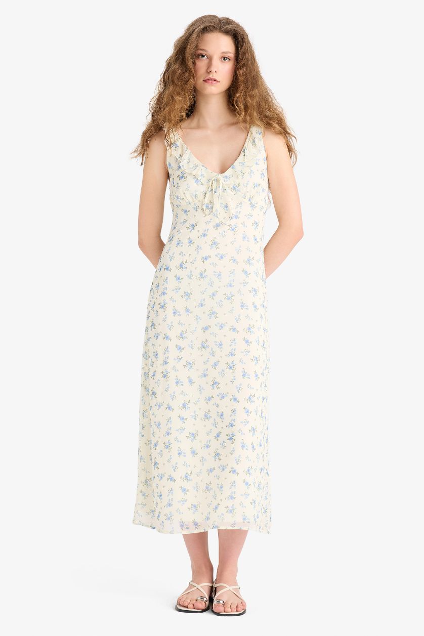 WOMAN Light Yellow V Neck Floral Chiffon Sleeveless Midi Dress