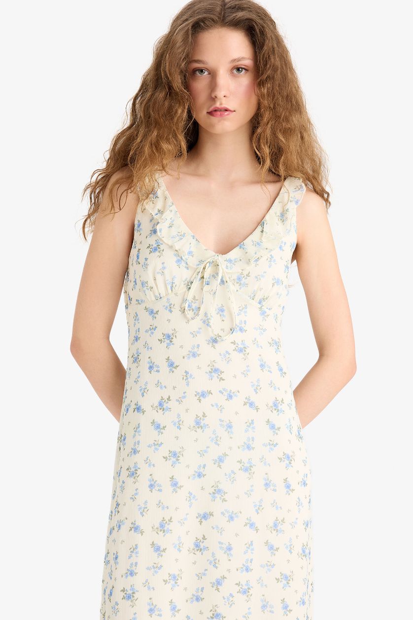 WOMAN Light Yellow V Neck Floral Chiffon Sleeveless Midi Dress