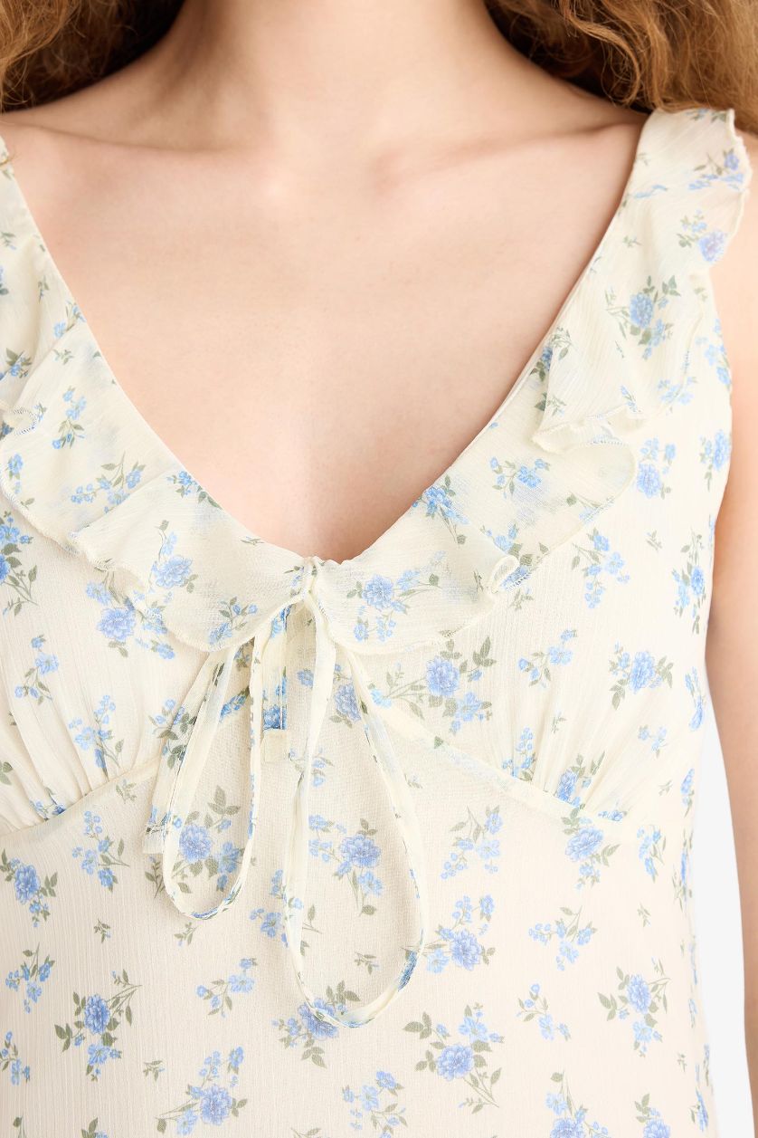 WOMAN Light Yellow V Neck Floral Chiffon Sleeveless Midi Dress