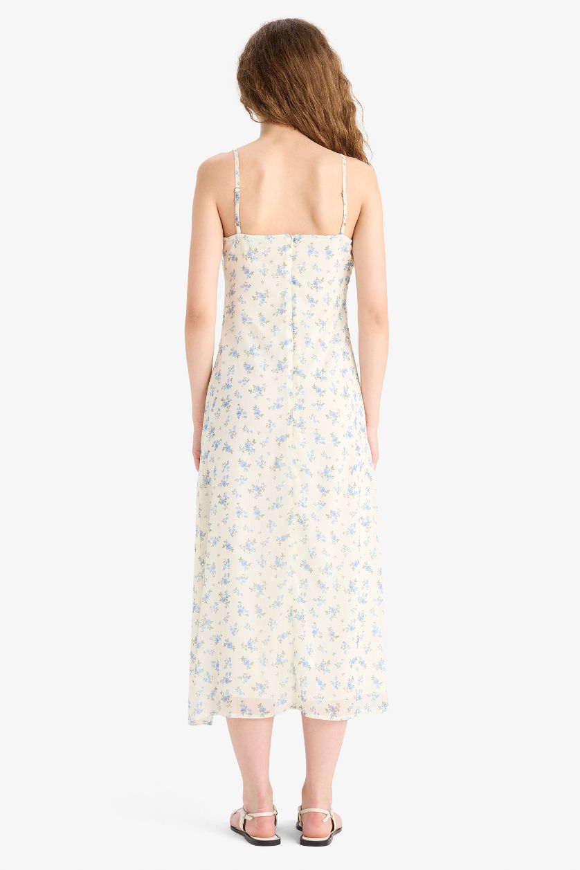 WOMAN Light Yellow V Neck Floral Chiffon Sleeveless Midi Dress