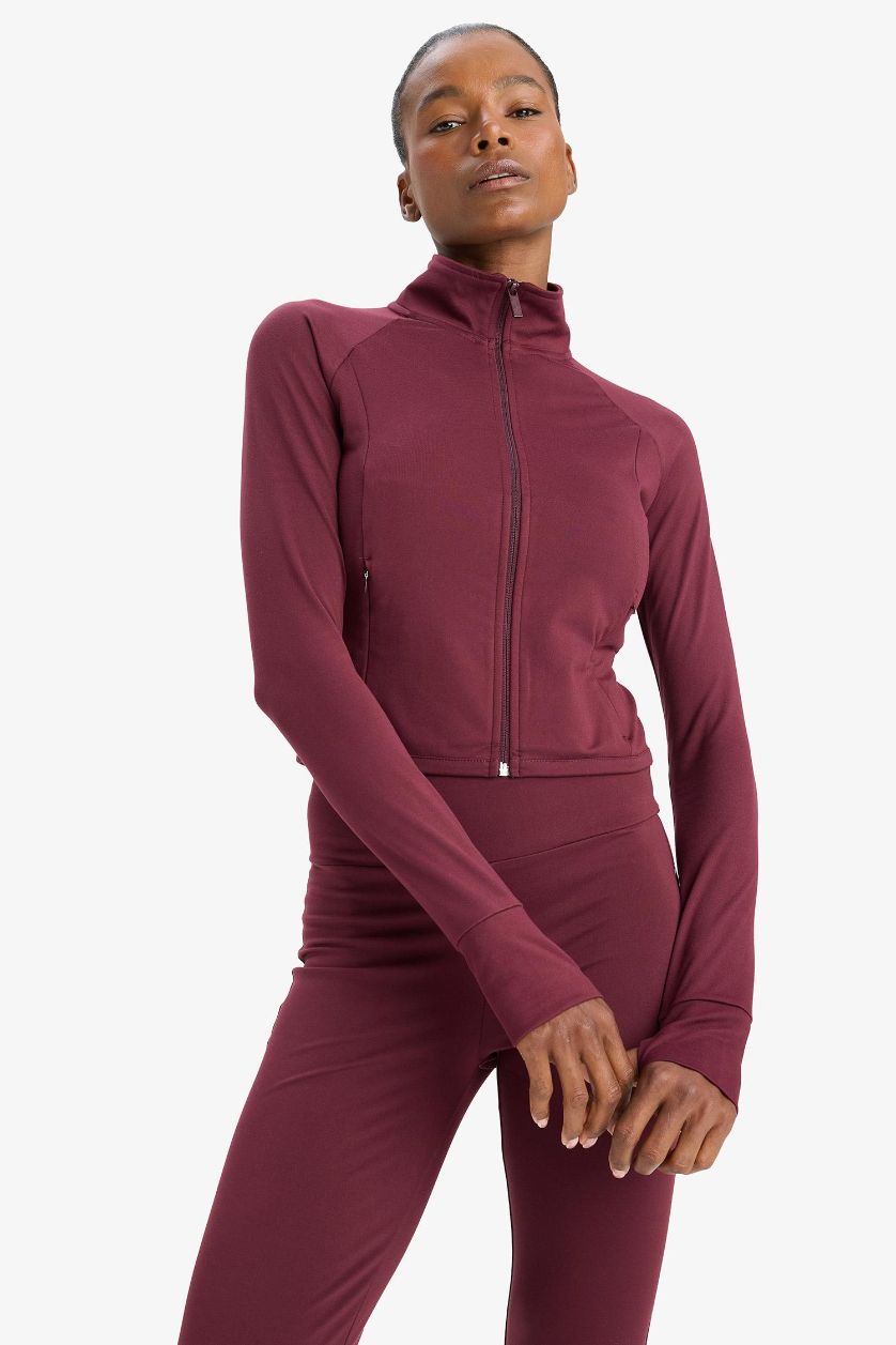 WOMAN Bordeaux DeFactoFit Slim Fit High Neck Ultra Soft Sports Zip Up Sweatshirt