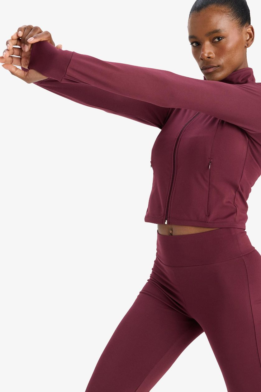 WOMAN Bordeaux DeFactoFit Slim Fit High Neck Ultra Soft Sports Zip Up Sweatshirt