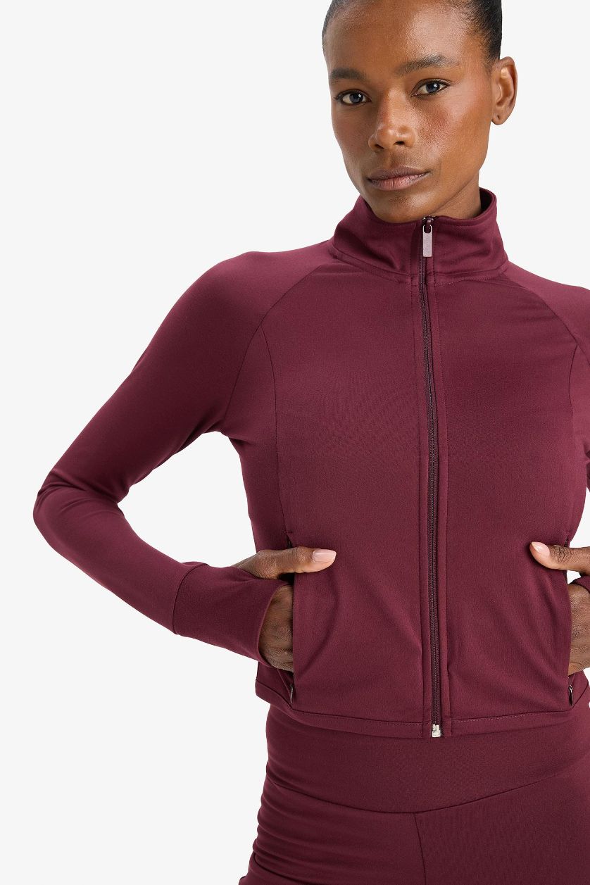 WOMAN Bordeaux DeFactoFit Slim Fit High Neck Ultra Soft Sports Zip Up Sweatshirt