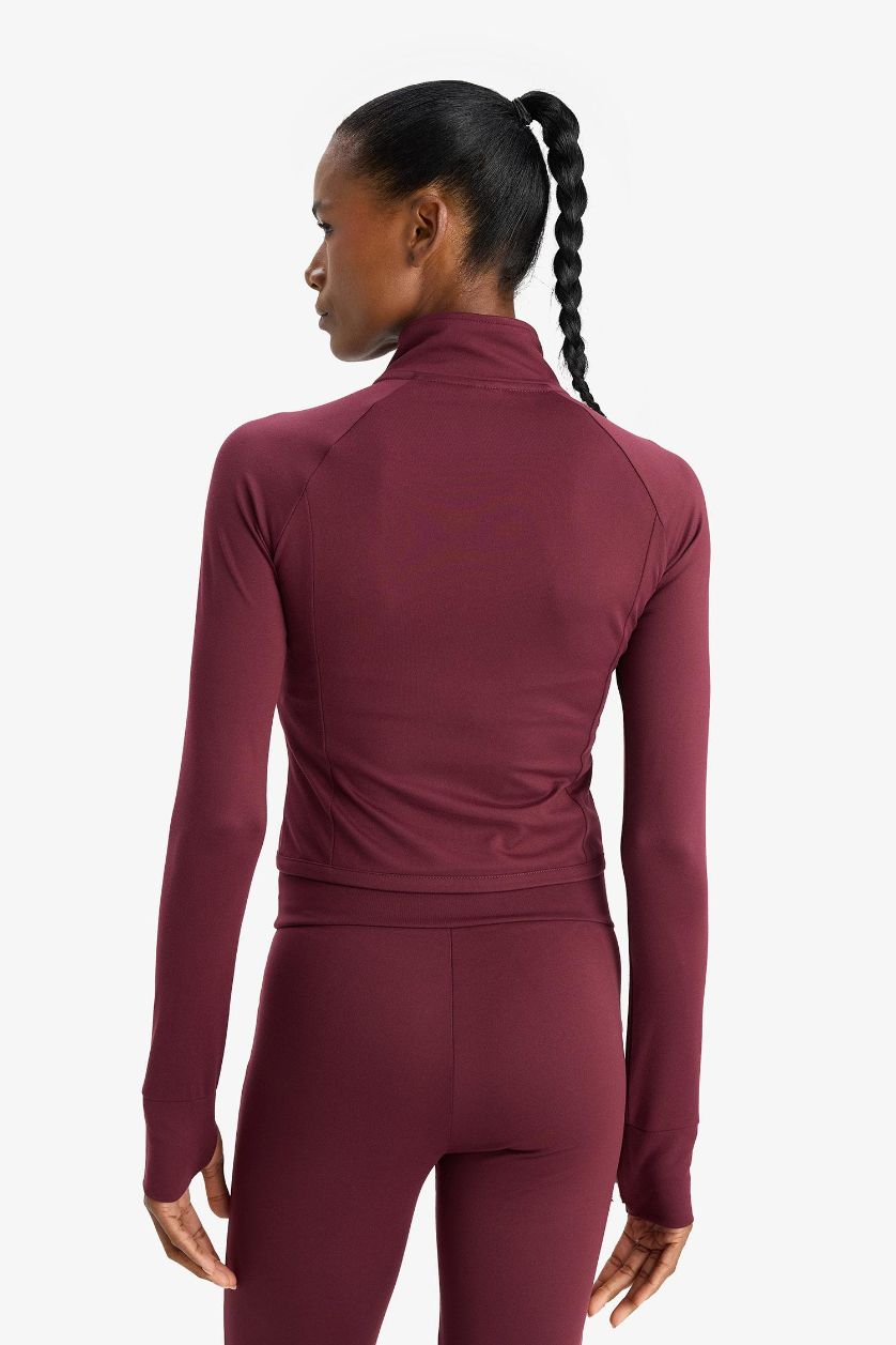 WOMAN Bordeaux DeFactoFit Slim Fit High Neck Ultra Soft Sports Zip Up Sweatshirt