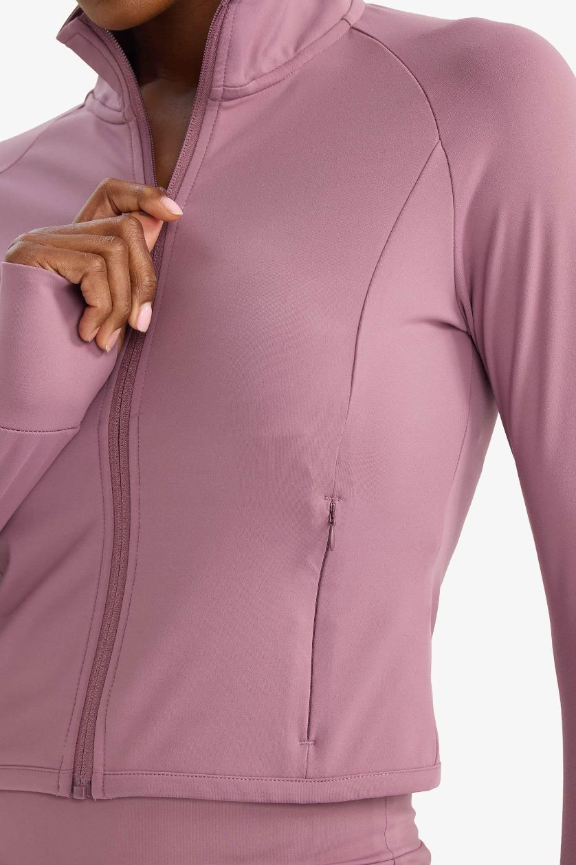 نساء وردي سترة رياضية  كم طويل سليم فيت برقبة عالية بجيب