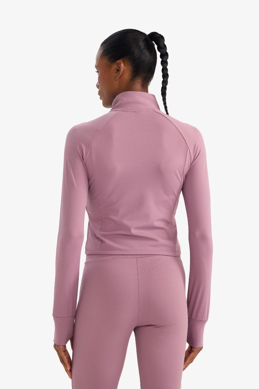 نساء وردي سترة رياضية  كم طويل سليم فيت برقبة عالية بجيب