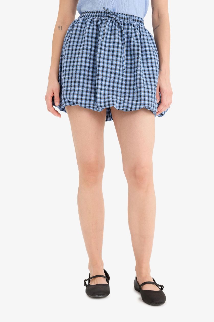 Kadın Mavi Balloon Fit Kareli Normal Bel Tafta Mini Etek