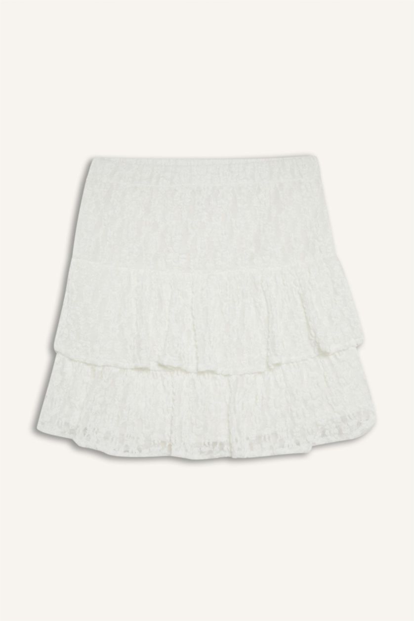 WOMAN White A Cut Normal Waist Cotton Lining Lace Mini Skirt