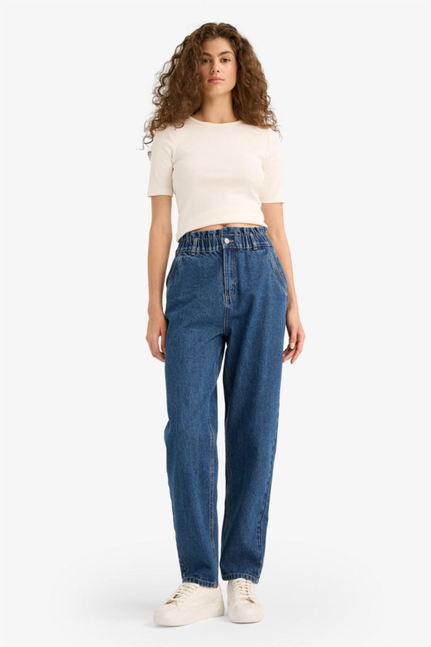 WOMAN Blue Paperbag High Waist Straight Leg Long Jeans