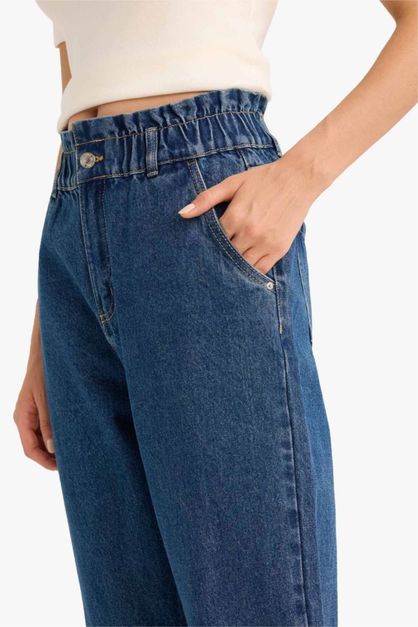 WOMAN Blue Paperbag High Waist Straight Leg Long Jeans