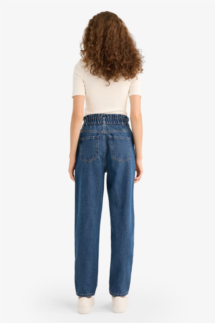 WOMAN Blue Paperbag High Waist Straight Leg Long Jeans