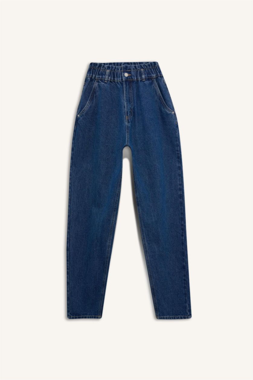WOMAN Blue Paperbag High Waist Straight Leg Long Jeans
