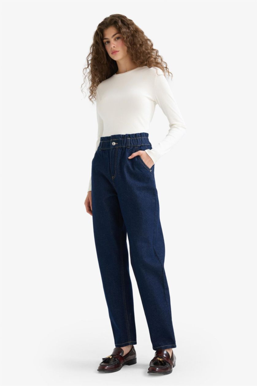 WOMAN Blue Black Paperbag High Waist Straight Leg Jeans
