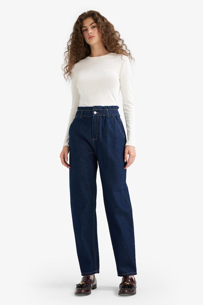 WOMAN Blue Black Paperbag High Waist Straight Leg Jeans