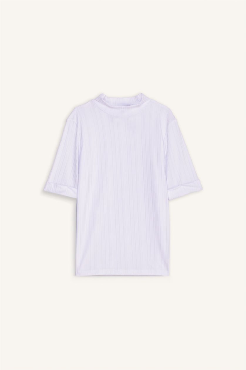 Kadın Ekru Yarım Balıkçı Yaka Fitilli Kaşkorse Tişört