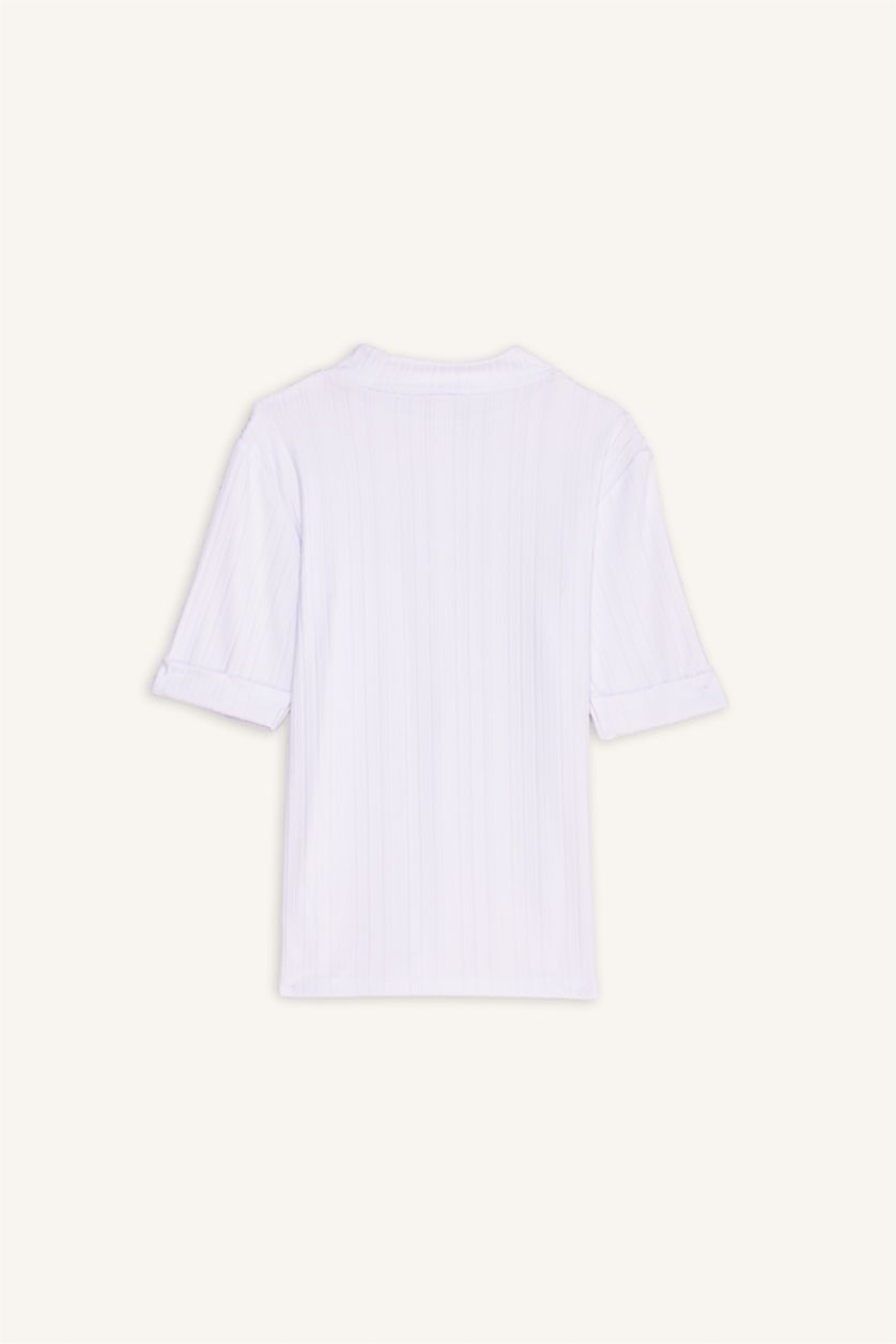 Kadın Ekru Yarım Balıkçı Yaka Fitilli Kaşkorse Tişört