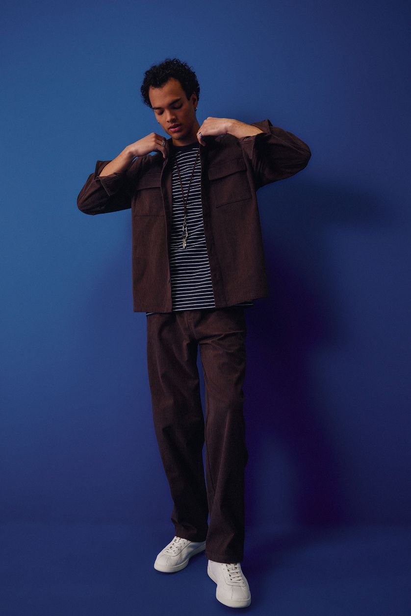 رجالي بني بنطلون مخمل مضلع وايد ليج برجل واسع