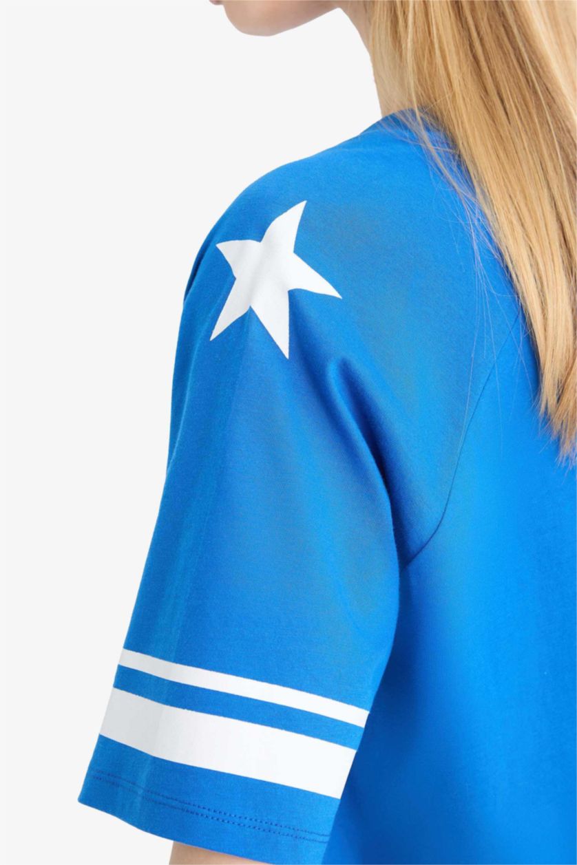 Kadın Royal Ford Motor Company Oversize Geniş Kalıp V Yaka Baskılı Kısa Kollu Tişört