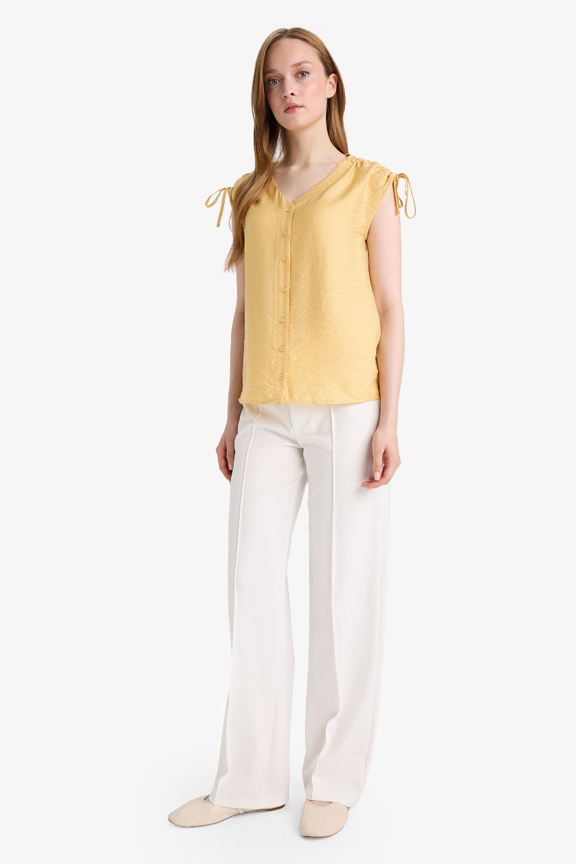 Kadın Sarı V Yaka Kısa Kollu Büzgü Detaylı Gömlek