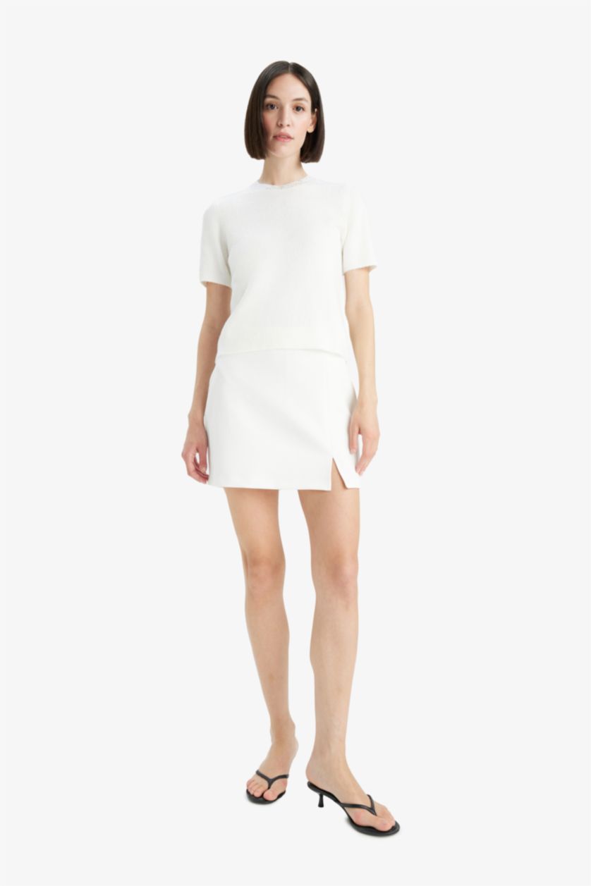 Әйелдерге экру қалыпты пішім дөңгелек жаға безендіру трикотаж Пулловер