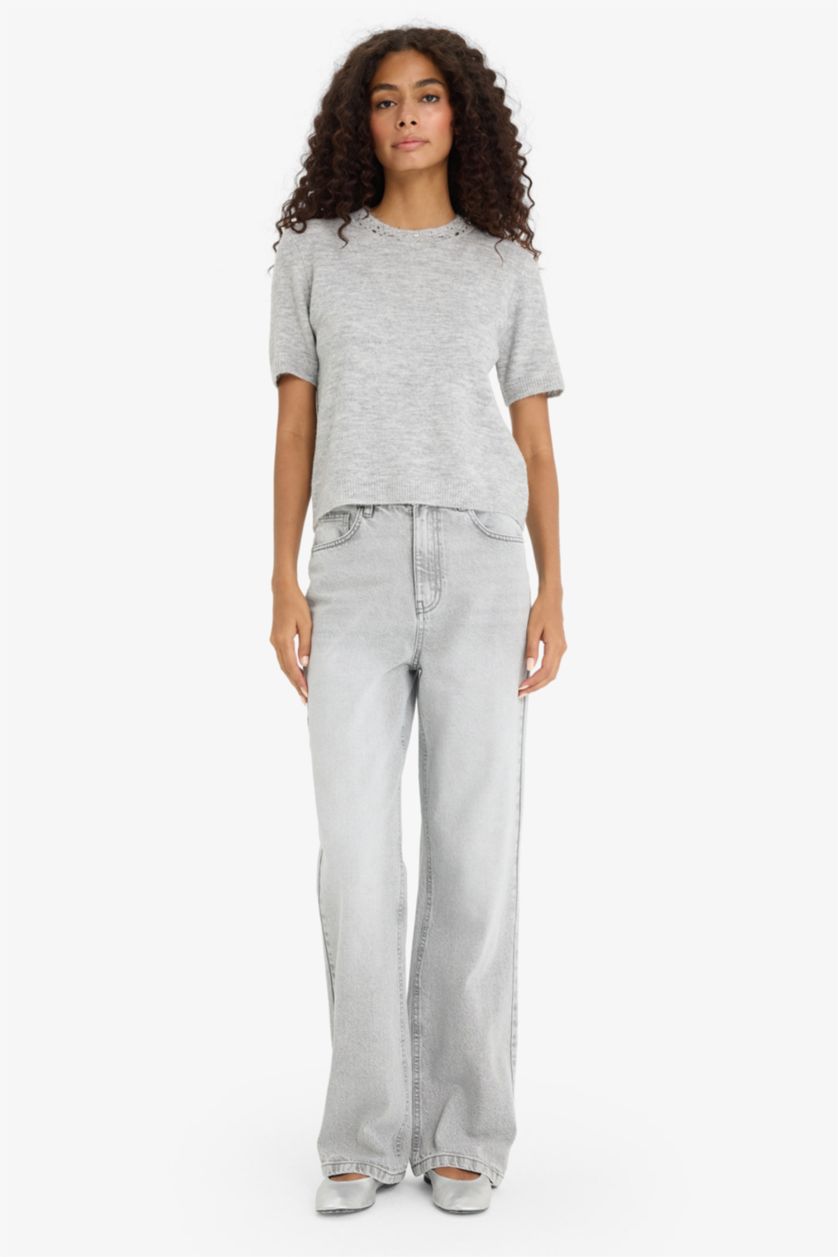 Әйелдерге Сұр қалыпты пішім дөңгелек жаға безендіру трикотаж Пулловер