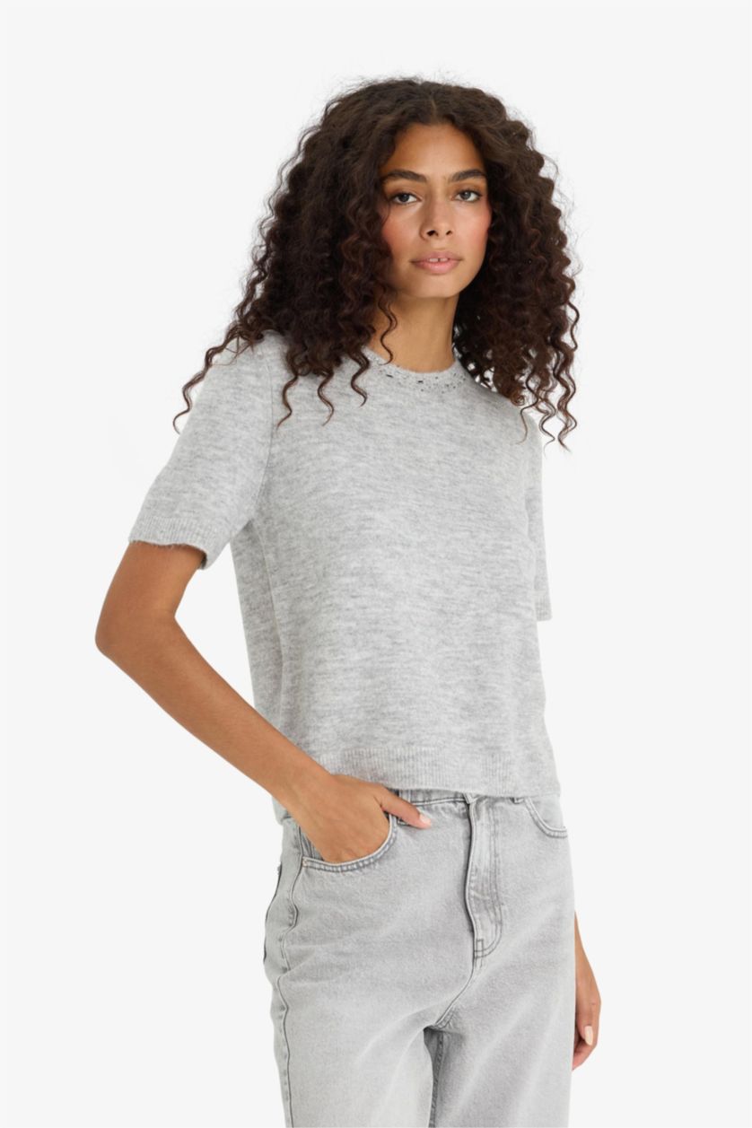 Әйелдерге Сұр қалыпты пішім дөңгелек жаға безендіру трикотаж Пулловер