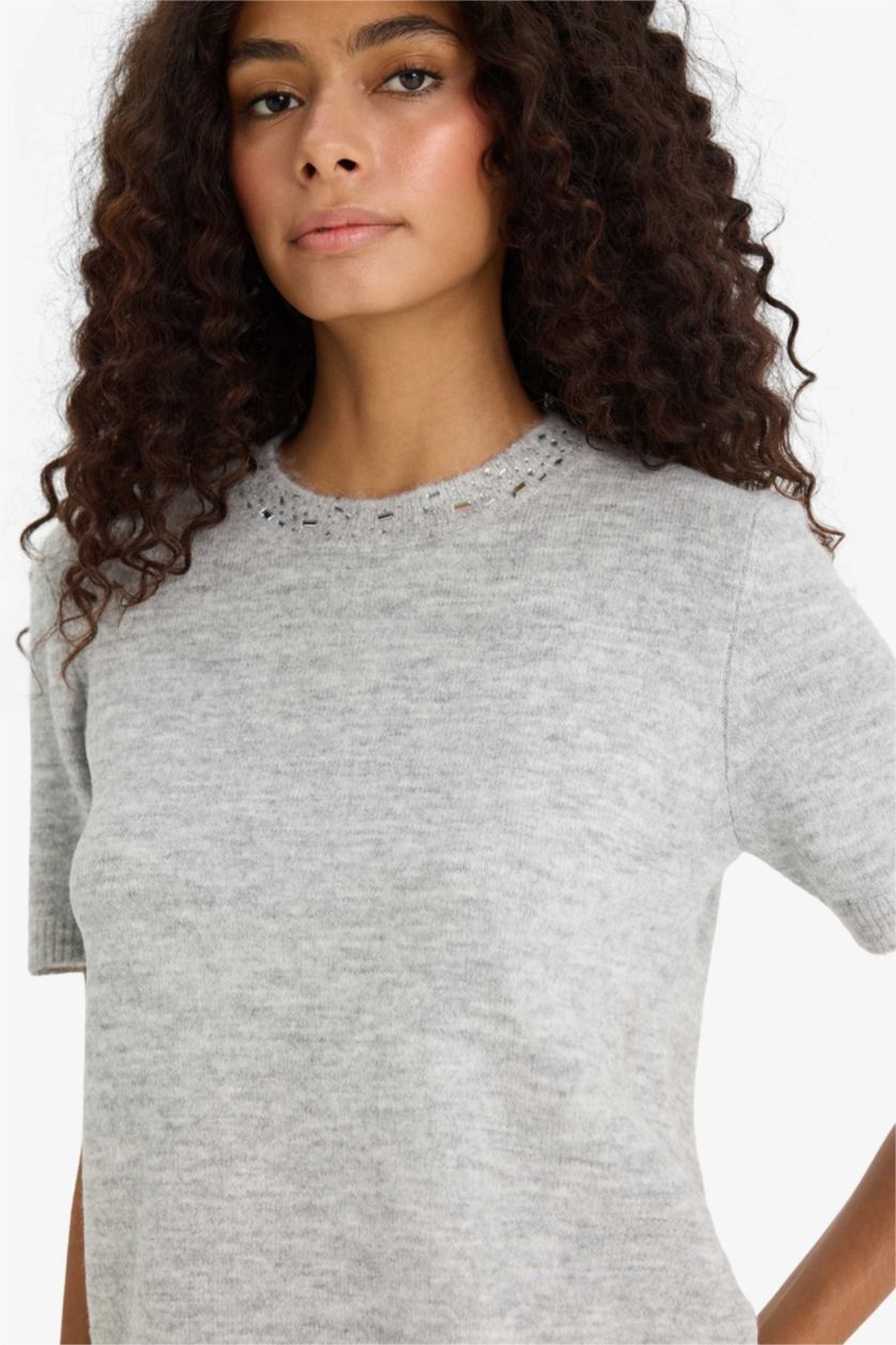 Әйелдерге Сұр қалыпты пішім дөңгелек жаға безендіру трикотаж Пулловер