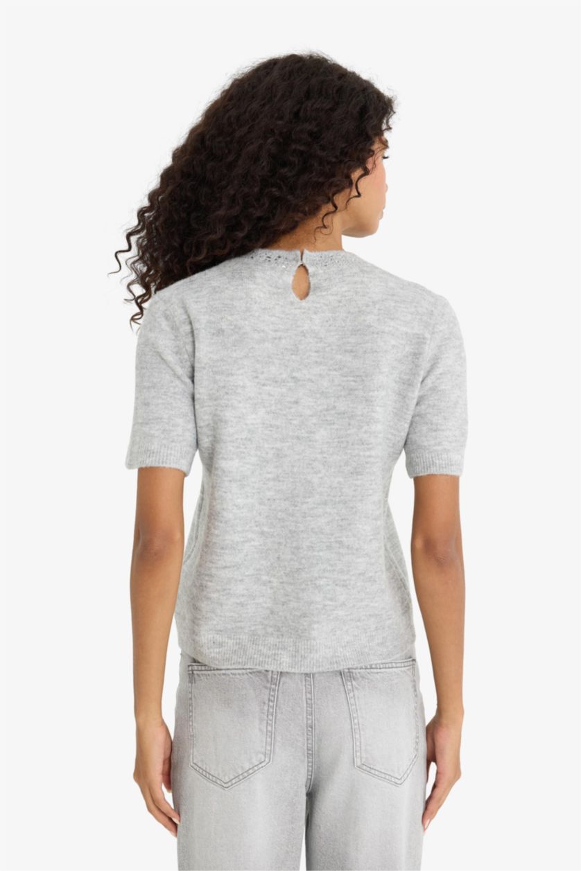 Әйелдерге Сұр қалыпты пішім дөңгелек жаға безендіру трикотаж Пулловер