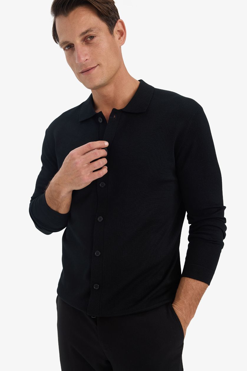 HOMME Noir Cardigan Chemise en tricot à col polo Coupe standard