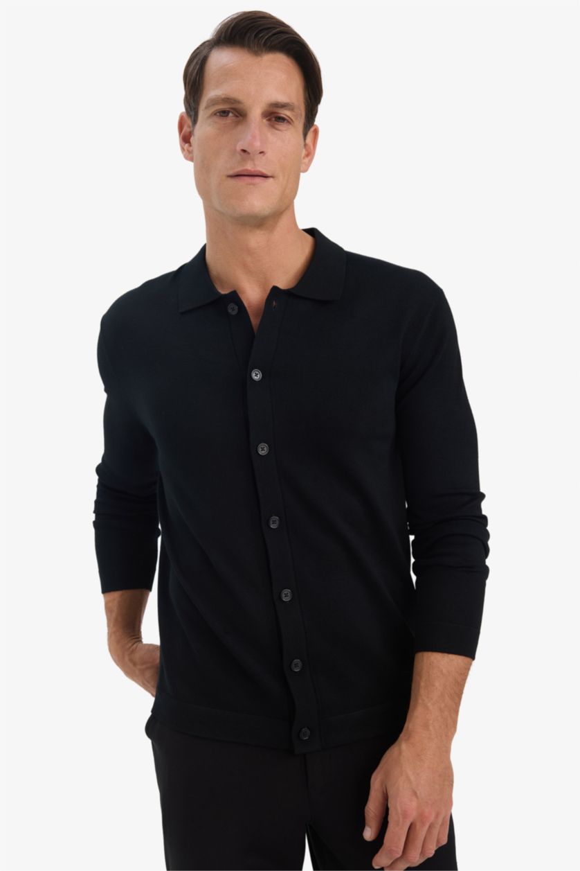 HOMME Noir Cardigan Chemise en tricot à col polo Coupe standard